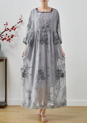 Bohemian Grey Embroidered Floral Silk Party Dress Fall