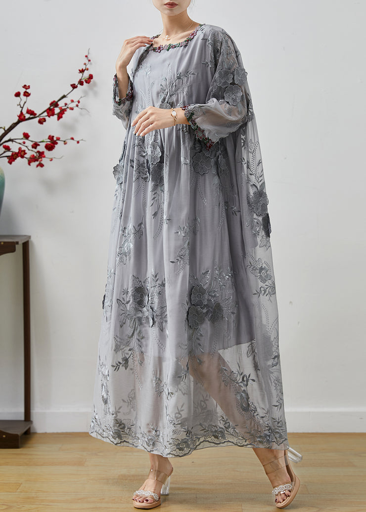 Bohemian Grey Embroidered Floral Silk Party Dress Fall