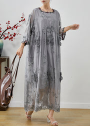 Bohemian Grey Embroidered Floral Silk Party Dress Fall