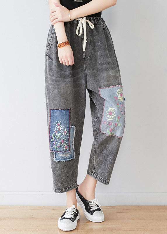 Bohemian Grey Embroidered Patchwork Applique Cotton Denim Pants Spring