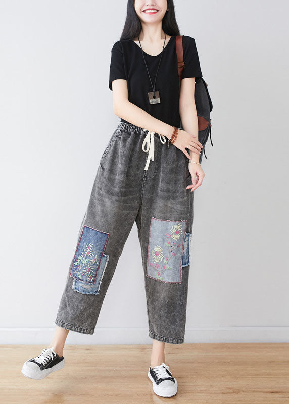 Bohemian Grey Embroidered Patchwork Applique Cotton Denim Pants Spring