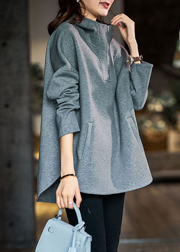 Bohemian Grey Hooded Zippered Cotton Sweatshirt Streetwear Fall