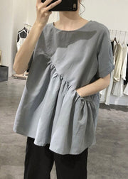 Bohemian Grey O-Neck Asymmetrical Wrinkled Top Short Sleeve