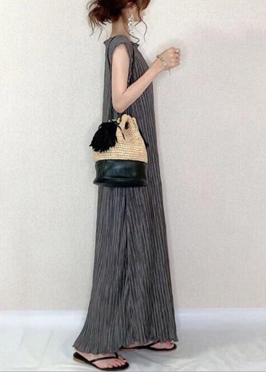 Bohemian Grey O-Neck Long Pleated Dress Summer