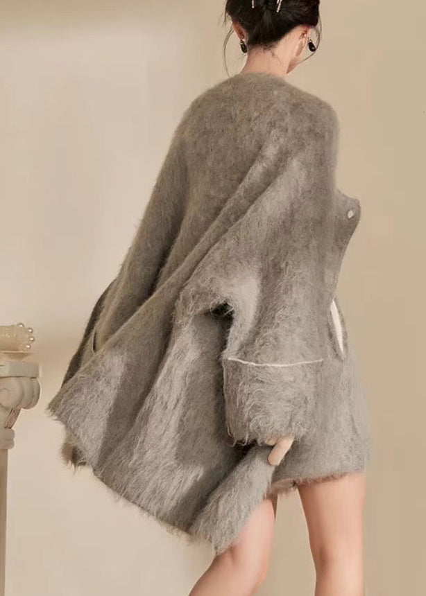 Bohemian Grey O-Neck Woolen Coats And Shorts Two Pieces Set Fall