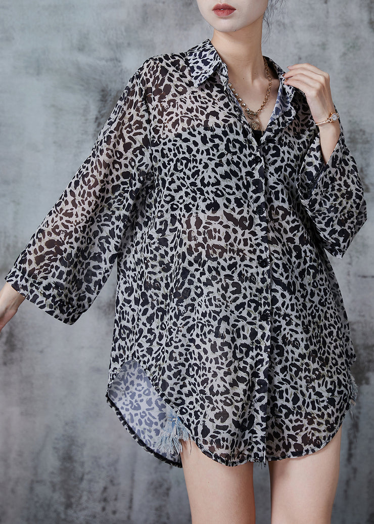 Bohemian Grey Oversized Leopard Print Chiffon Shirt Top Fall