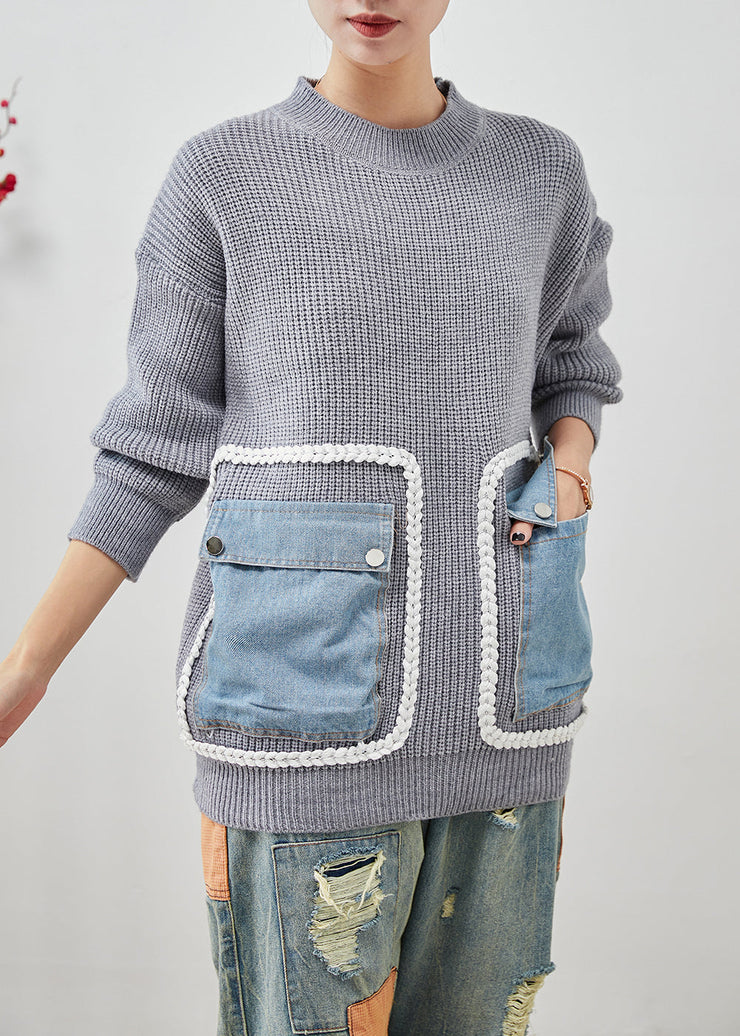 Bohemian Grey Oversized Patchwork Pockets Knit Sweater Tops Winter