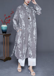 Bohemian Grey Oversized Print Side Open Chiffon Shirt Dress Summer