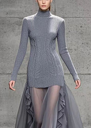 Bohemian Grey Ruffled Patchwork Tulle Knit Dress Winter