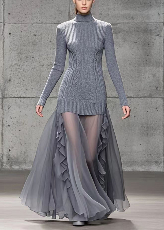 Bohemian Grey Ruffled Patchwork Tulle Knit Dress Winter