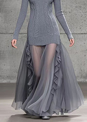 Bohemian Grey Ruffled Patchwork Tulle Knit Dress Winter