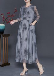 Bohemian Grey Tasseled Print Silk Long Dress Bracelet Sleeve