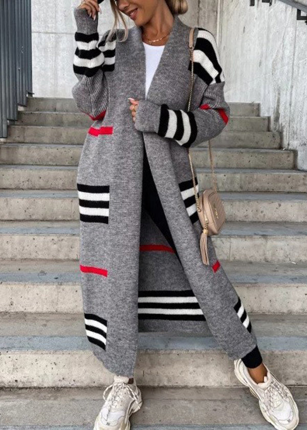 Bohemian Grey V Neck Striped Knit Cardigan Fall