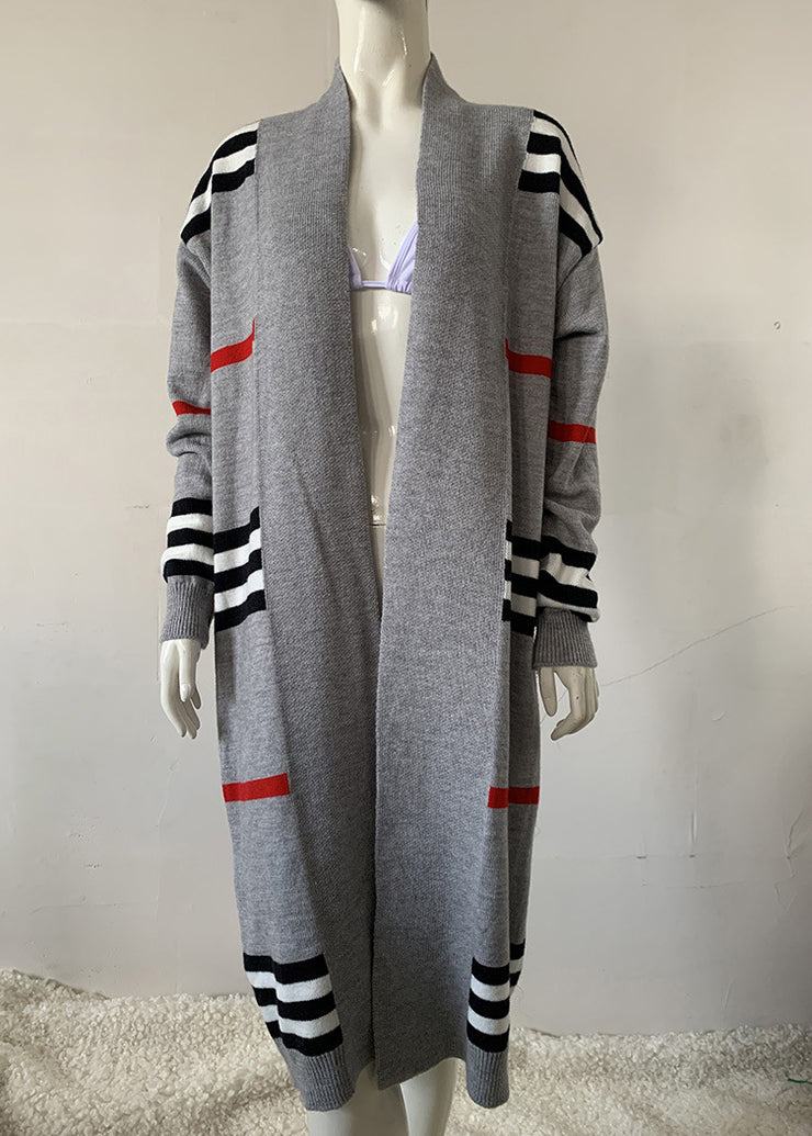 Bohemian Grey V Neck Striped Knit Cardigan Fall