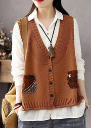 Bohemian Khaki Button Pockets Patchwork Cotton Knit Waistcoat Sleeveless