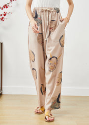 Bohemian Khaki Elastic Waist Monsters Print Silk Pants Fall