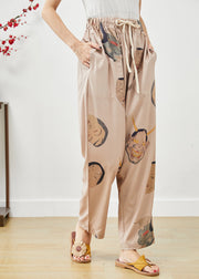 Bohemian Khaki Elastic Waist Monsters Print Silk Pants Fall