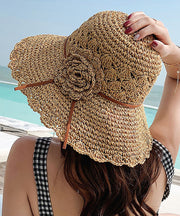 Bohemian Khaki Floral Straw Woven Beach Floppy Sun Hat