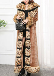 Bohemian Khaki Fox Collar Patchwork Leopard Faux Fur Coat Winter