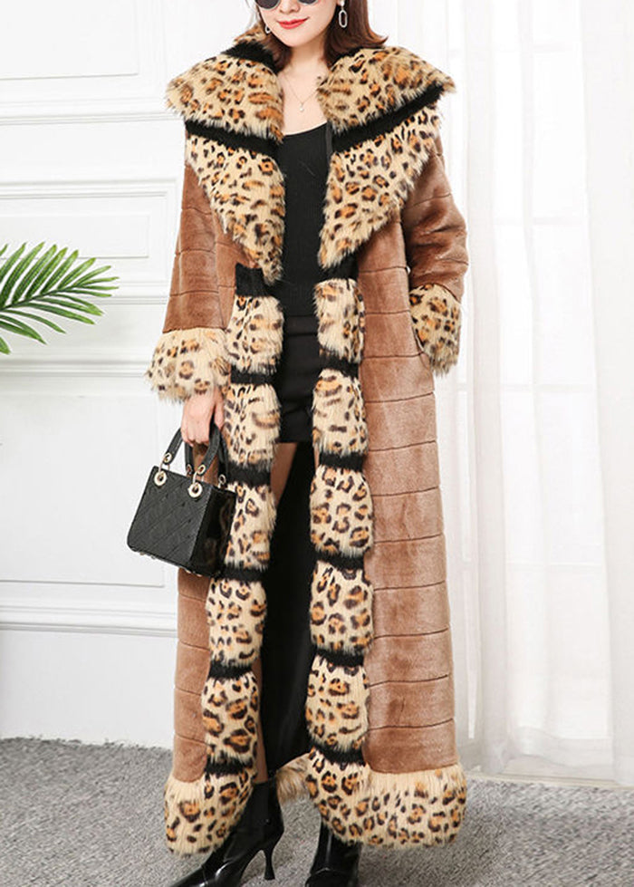 Bohemian Khaki Fox Collar Patchwork Leopard Faux Fur Coat Winter