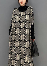 Bohemian Khaki Hign Neck Plaid Knit Maxi Dresses Winter