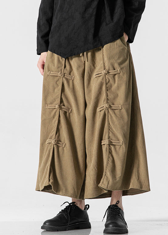 Bohemian Khaki Lace Up Elastic Waist Cotton Mens Wide Leg Pants Summer