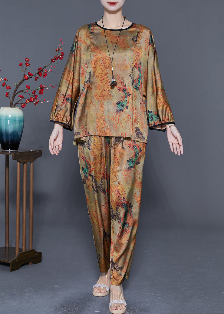 Bohemian Khaki Oversized Print Wrinkled Silk Women Sets 2 Pieces Summer