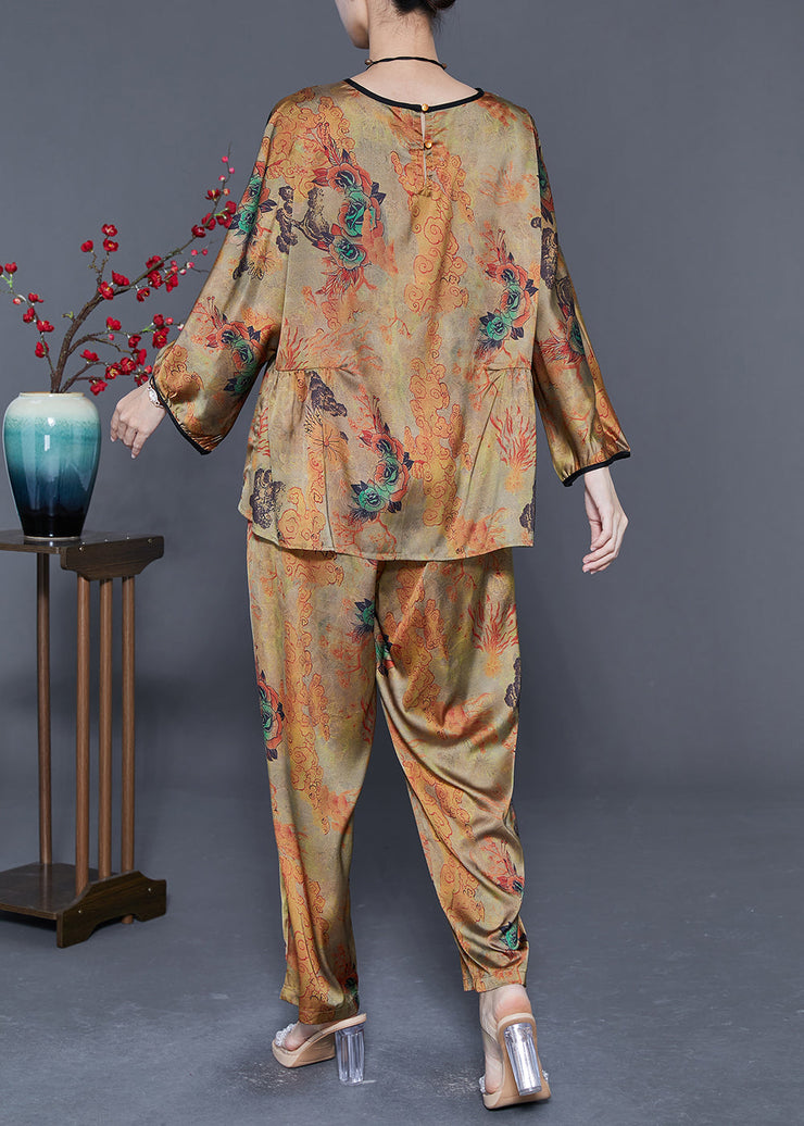 Bohemian Khaki Oversized Print Wrinkled Silk Women Sets 2 Pieces Summer