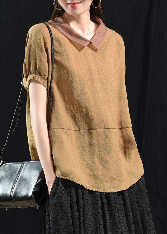 Bohemian Khaki Patchwork Turn-down Collar Summer Short Sleeve Top - bagstylebliss