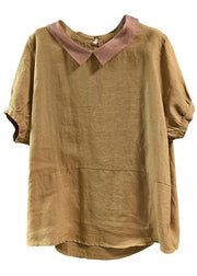 Bohemian Khaki Patchwork Turn-down Collar Summer Short Sleeve Top - bagstylebliss