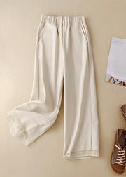 Bohemian Khaki Pockets Elastic Waist Solid Linen Crop Pants Summer