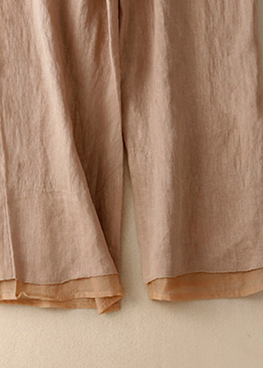 Bohemian Khaki Pockets Elastic Waist Solid Linen Crop Pants Summer