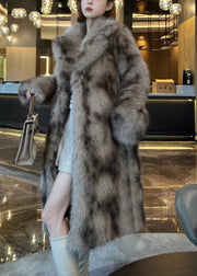 Bohemian Khaki Pockets Print Leather And Fur Long Coats Winter