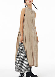 Bohemian Khaki Stand Collar Patchwork Maxi Shirt Dress Summer