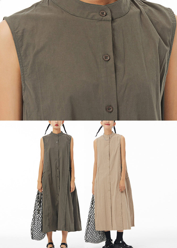 Bohemian Khaki Stand Collar Patchwork Maxi Shirt Dress Summer