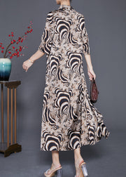 Bohemian Khaki Turtle Neck Print Chiffon Long Dress Summer