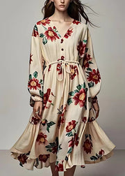 Bohemian Khaki V Neck Lace Up Print Cotton Maxi Dress Long Sleeve
