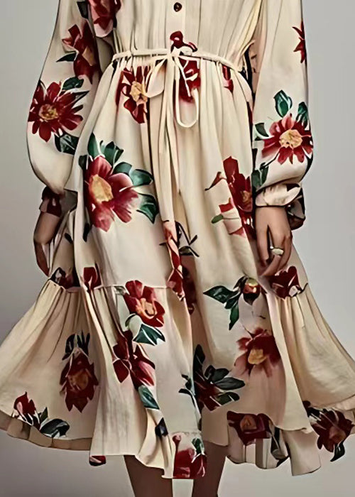Bohemian Khaki V Neck Lace Up Print Cotton Maxi Dress Long Sleeve