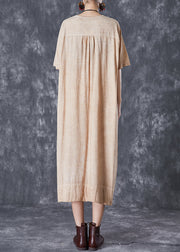 Bohemian Khaki V Neck Pockets Linen Long Dress Summer