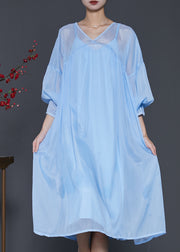 Bohemian Lake Blue Draping Chiffon Dress Two Piece Set Lantern Sleeve