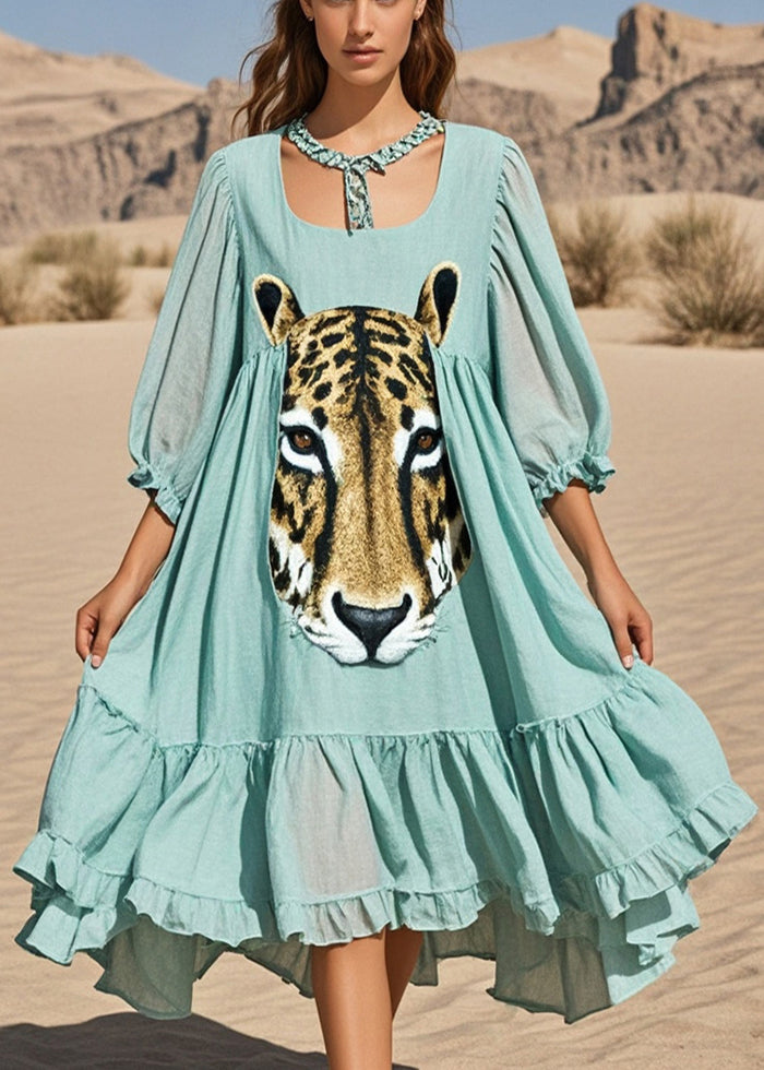 Bohemian Lake Green Oversized Print Cotton Long Dresses Summer