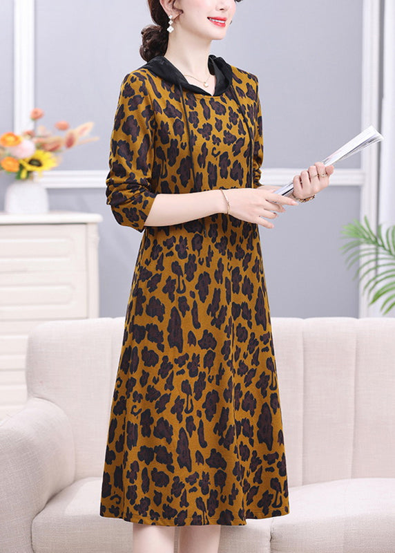 Bohemian Leopard Peter Pan Collar Print Drawstring Hooded Long Dress Long Sleeve