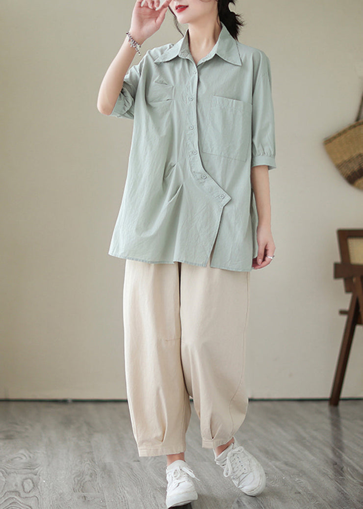 Bohemian Light Blue Asymmetrical Wrinkled Cotton Blouses Half Sleeve