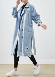 Bohemian Light Blue Lapel Double Breast Denim Ripped Coats Fall