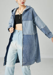 Bohemian Light Blue Oversized Patchwork Cotton Denim Coat Spring