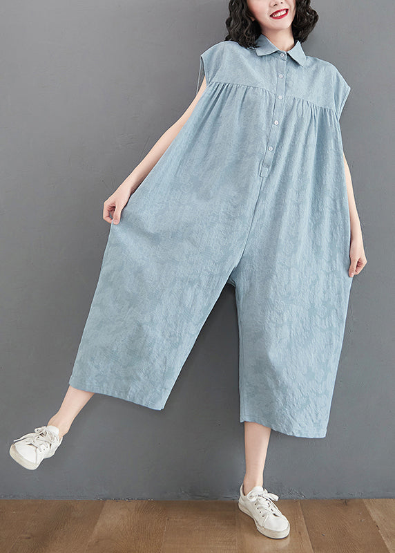 Bohemian Light Blue Oversized Patchwork Cotton Jumpsuit Summer