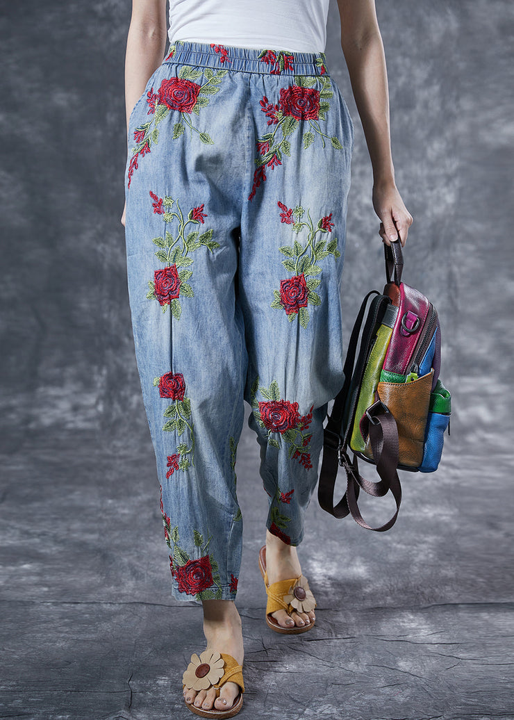 Bohemian Light Blue Rose Embroideried Pockets Cotton Harem Pants Summer