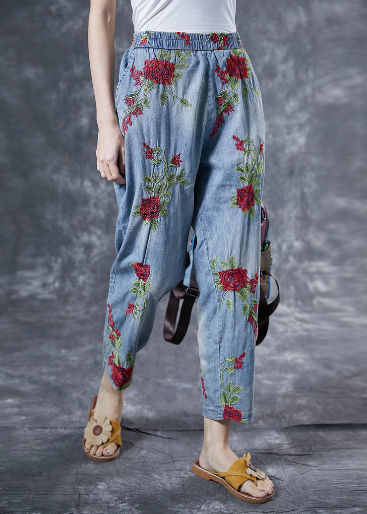 Bohemian Light Blue Rose Embroideried Pockets Cotton Harem Pants Summer