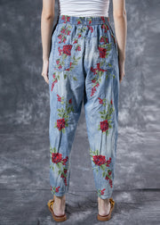 Bohemian Light Blue Rose Embroideried Pockets Cotton Harem Pants Summer