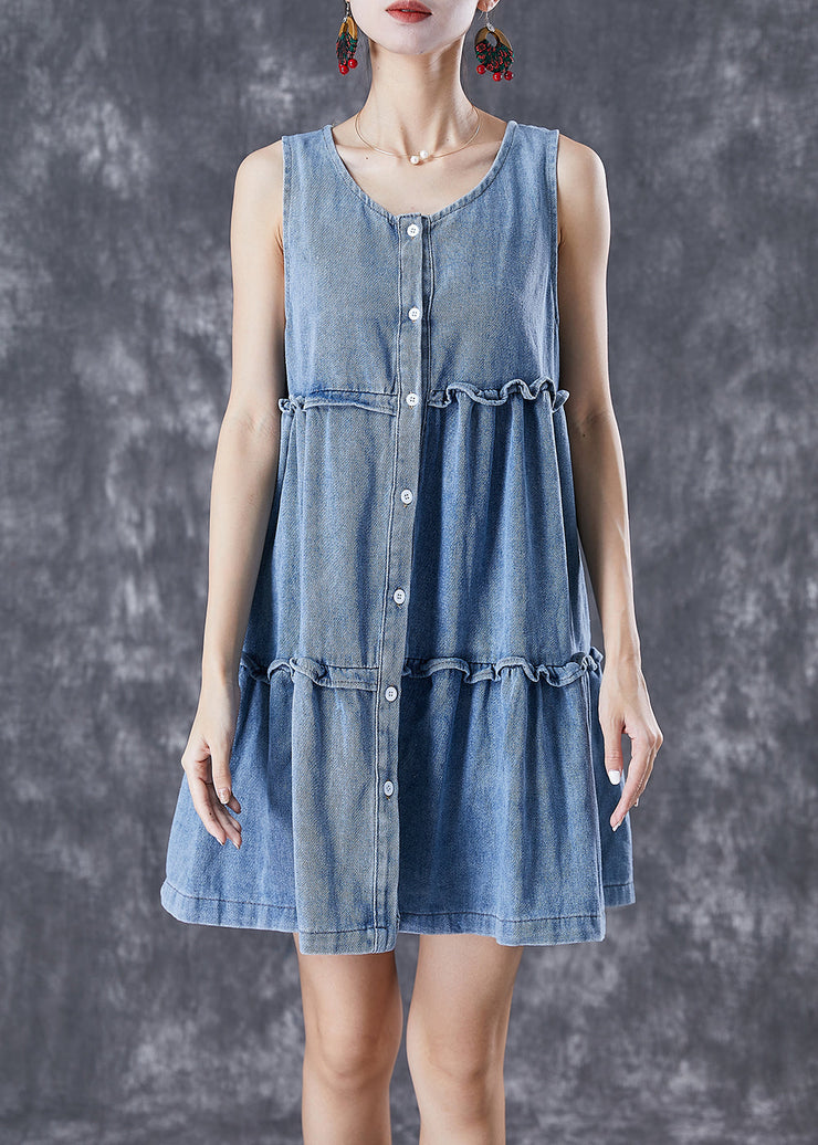 Bohemian Light Blue Ruffled Patchwork Denim Mini Dresses Sleeveless